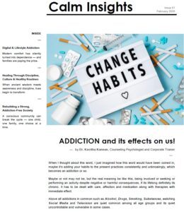 Cover page of Calm Insights eNewletter with a image having all the addiction related products with the wording of Change Habits.